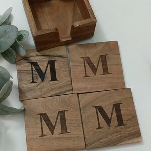 Handcrafted Wooden Monogram Letter Coasters "M" S/4
